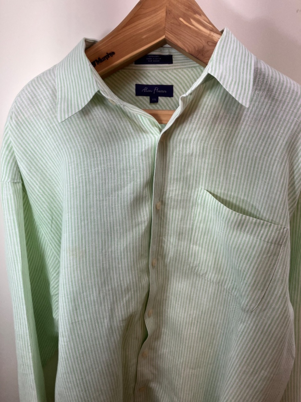 Alan Flusser Men's 100% Linen XXL Long-Sleeve Green and White Stripe Shirt